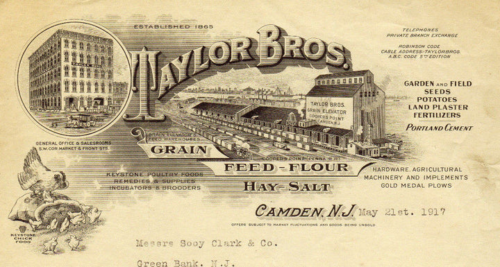 TAYLOR BROTHERS GRAIN & FEED CAMDEN NJ ANTIQUE GRAPHIC ADVERTISING LETTER 1917 - K-townConsignments