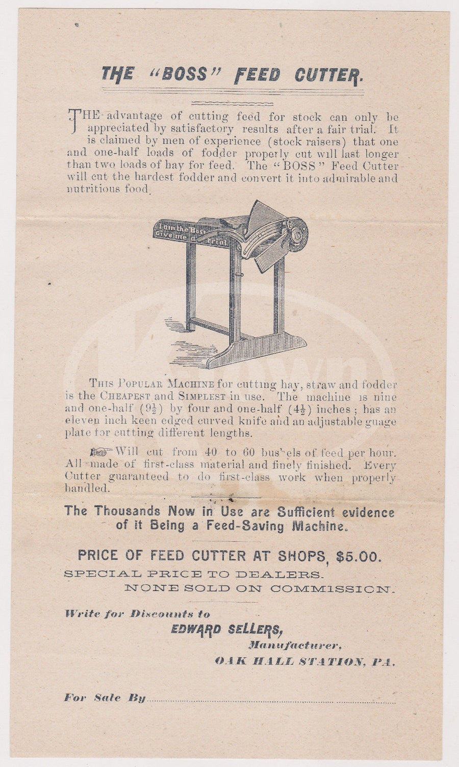 BOSS FEED CUTTER OAK HALL STATION PA ANTIQUE FARM EQUIPMENT ADVERTISING FLYER - K-townConsignments