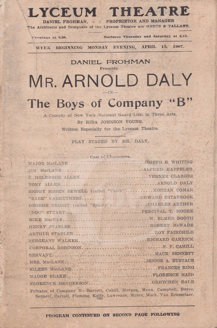MR. ARNOLD DALY BOYS OF  COMPANY B PLAY ANTIQUE LYCEUM THEATRE PLAYBILL 1907 - K-townConsignments