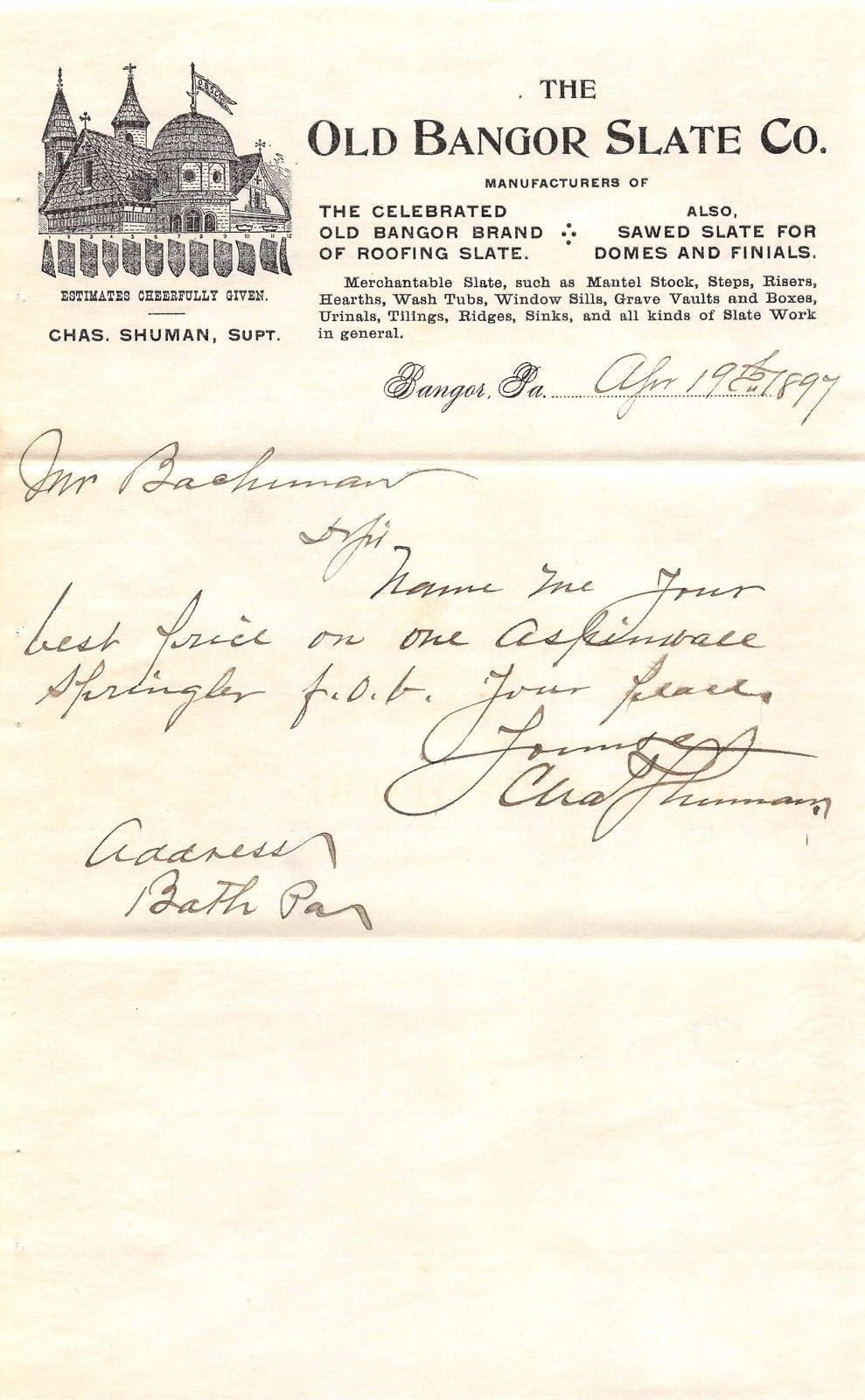 OLD BANGOR SLATE COMPANY CHARLES SHUMAN ANTIQUE AUTOGRAPH SIGNED LETTER 1897 - K-townConsignments