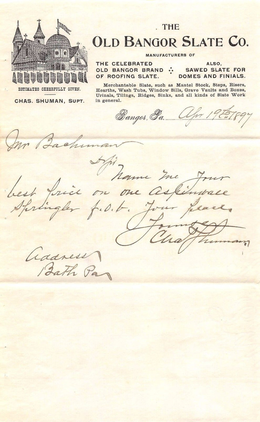 OLD BANGOR SLATE COMPANY CHARLES SHUMAN ANTIQUE AUTOGRAPH SIGNED LETTER 1897 - K-townConsignments