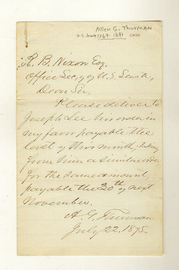 ALLEN THURMAN OHIO SUPREME COURT JUDGE SENATOR ANTIQUE AUTOGRAPH SIGNED LETTER - K-townConsignments