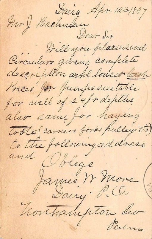 JAMES W. MORE DAIRY NORTHAMPTON PA ANTIQUE AUTOGRAPH SIGNED ADVERTISING POSTCARD - K-townConsignments