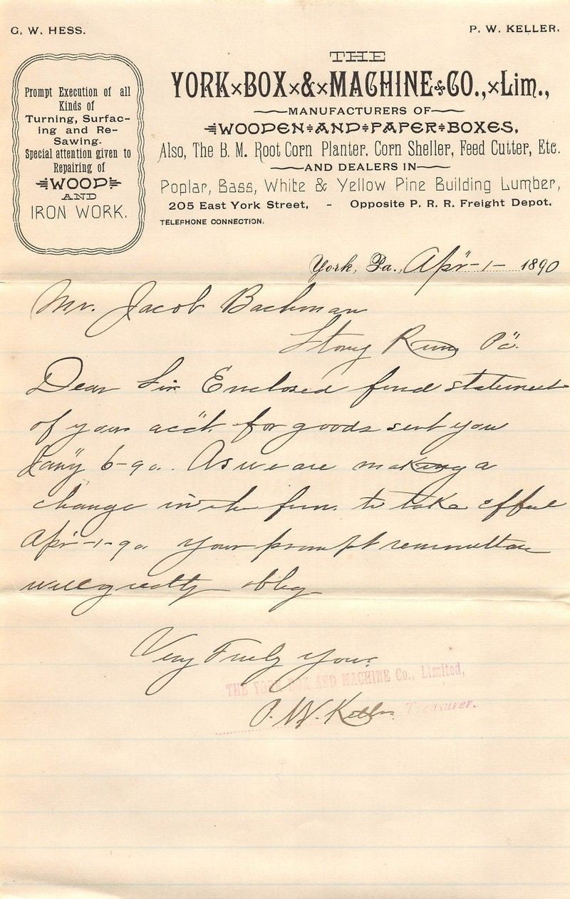 YORK BOX & MACHINE COMPANY ANTIQUE AUTOGRAPH SIGNED STATIONERY LETTERHEAD 1890 - K-townConsignments