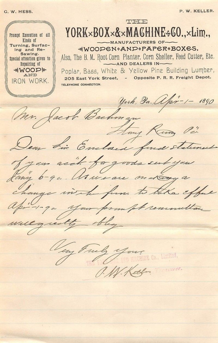 YORK BOX & MACHINE COMPANY ANTIQUE AUTOGRAPH SIGNED STATIONERY LETTERHEAD 1890 - K-townConsignments