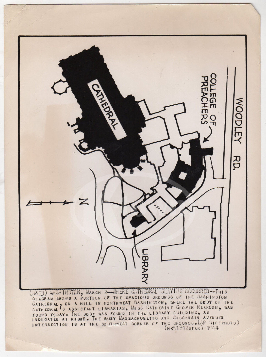 WASHINGTON CATHEDRAL SLAYINGS 1944 VINTAGE GROUNDS DIAGRAM NEWS PRESS PHOTO - K-townConsignments