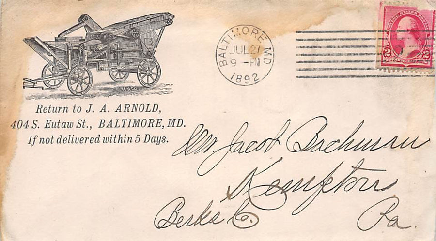 ARNOLD HAYING MACHINES BALTIMORE ANTIQUE ADVERTISING STAMPED POSTAL COVER 1892 - K-townConsignments