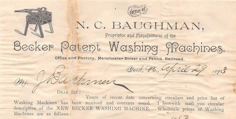 BAUGHMAN BECKER WASHING MACHINES ANTIQUE ADVERTISING PRICE LIST LETTERHEAD 1893 - K-townConsignments