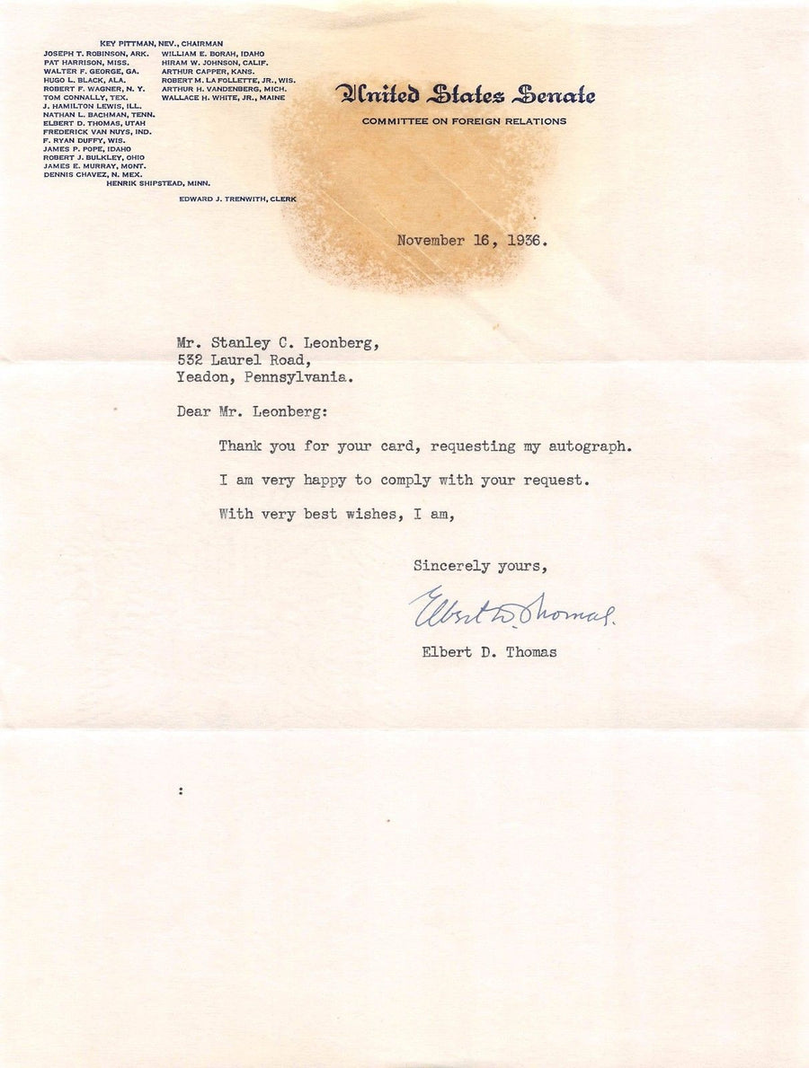 ELBERT THOMAS UTAH SENTOR VINTAGE AUTOGRAPH SIGNED SENATE LETTERHEAD 1936 - K-townConsignments
