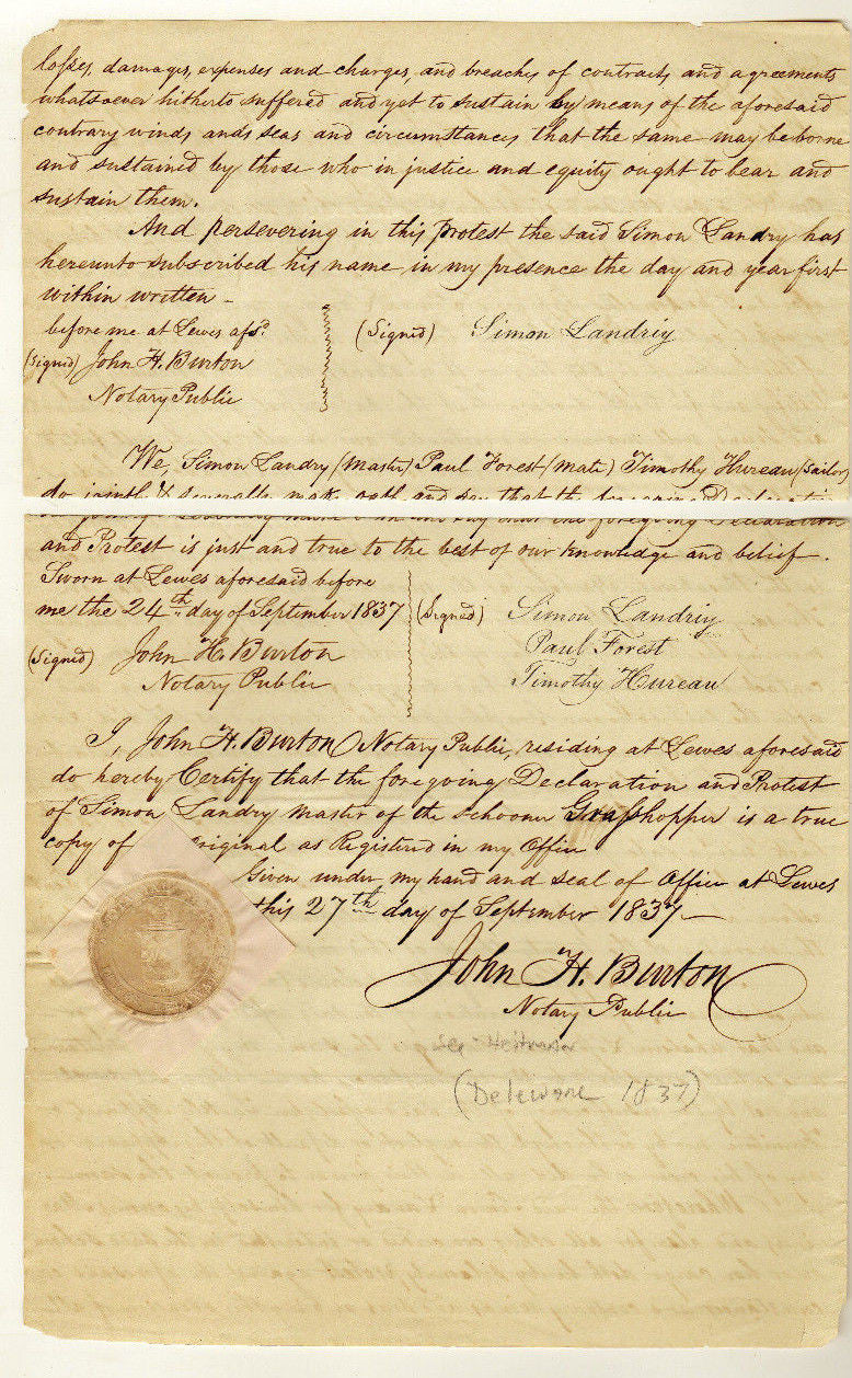 GRASSHOPPER DELEWARE SEA CAPTAIN SIMON LANDRY ANTIQUE MARITIME LAW LETTER 1831 - K-townConsignments