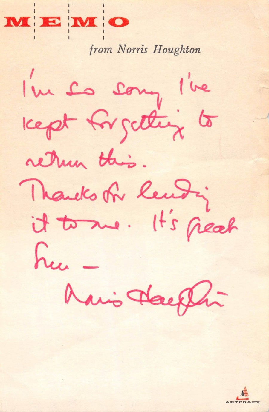 NORRIS HOUGHTON PHOENIX THEATRE PRODUCER ORIGINAL AUTOGRAPH SIGNED LETTER MEMO - K-townConsignments