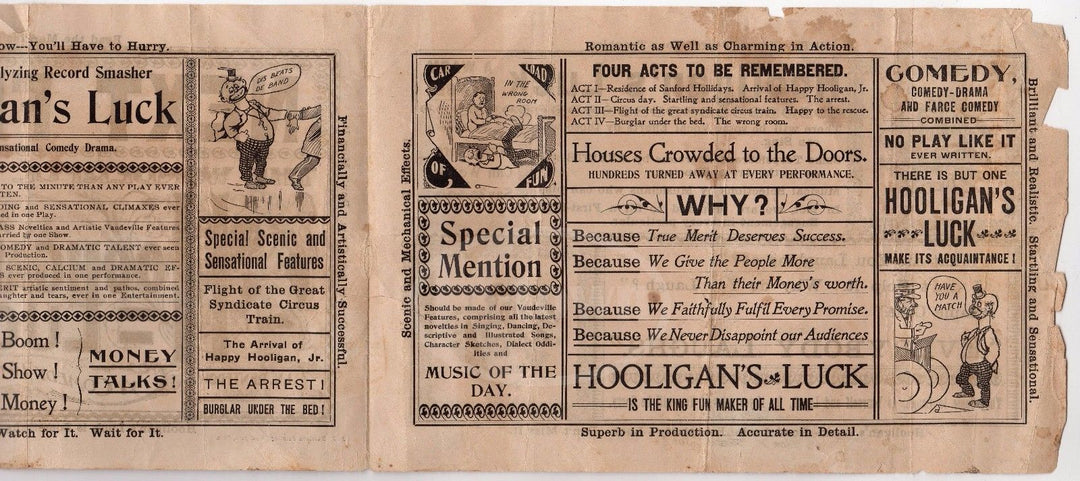 HOOLIGAN'S LUCK VAUDEVILLE THEATRE STAGE COMEDY ANTIQUE BROADSIDE ADVERTISING - K-townConsignments