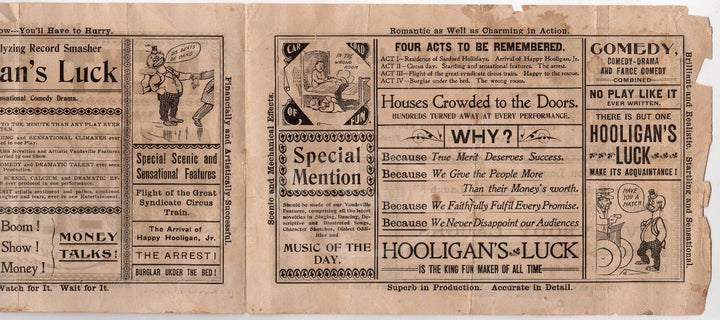 HOOLIGAN'S LUCK VAUDEVILLE THEATRE STAGE COMEDY ANTIQUE BROADSIDE ADVERTISING - K-townConsignments