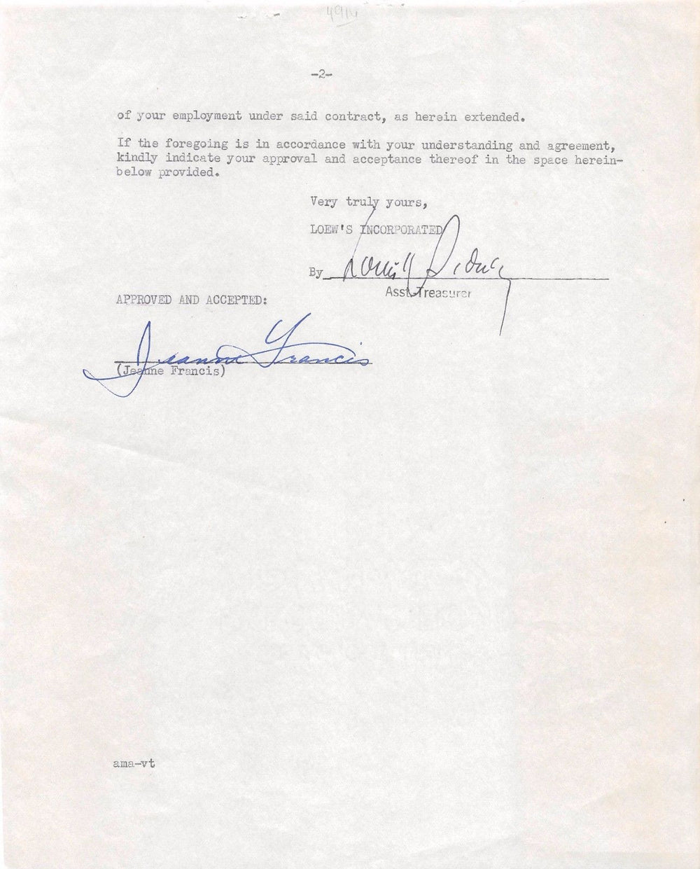 JEANNE FRANCIS MGM MOVIE ACTRESS & STAGE DANCER AUTOGRAPH SIGNED CONTRACT 1943 - K-townConsignments