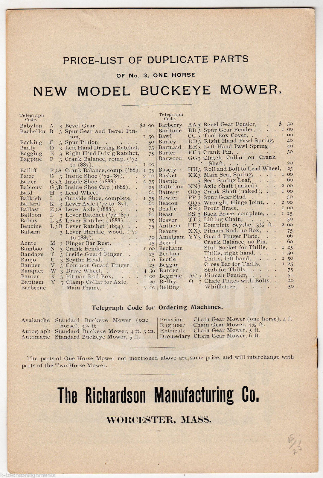 BUCKEYE MOWER & CHAIN GEAR ANTIQUE RICHARDSON WORCESTER MA FARM TOOL PRICE LIST - K-townConsignments