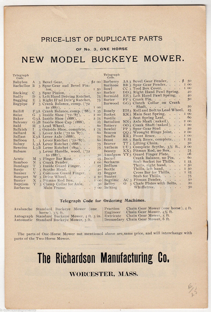 BUCKEYE MOWER & CHAIN GEAR ANTIQUE RICHARDSON WORCESTER MA FARM TOOL PRICE LIST - K-townConsignments