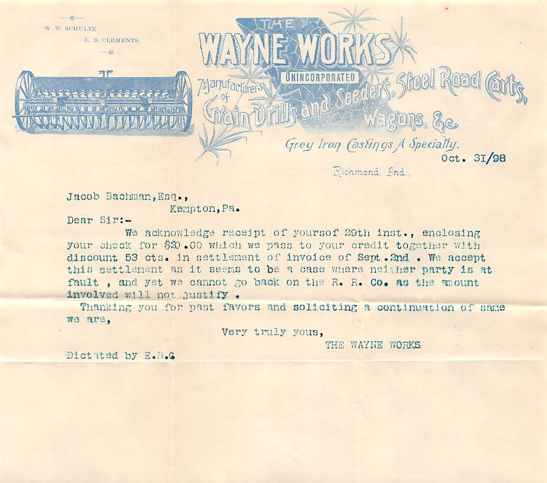 WAYNE WORKS FARM EQUIPMENT MACHINERY RICHMOND INDIANA ANTIQUE ADVERTISING LETTER - K-townConsignments