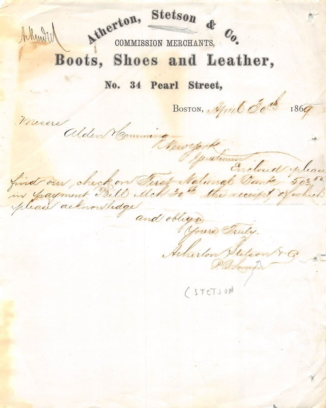 ATHERTON STETSON BOOTS SHOES & LEATHER BOSTON MA SIGNED ADVERTISING LETTER 1869 - K-townConsignments