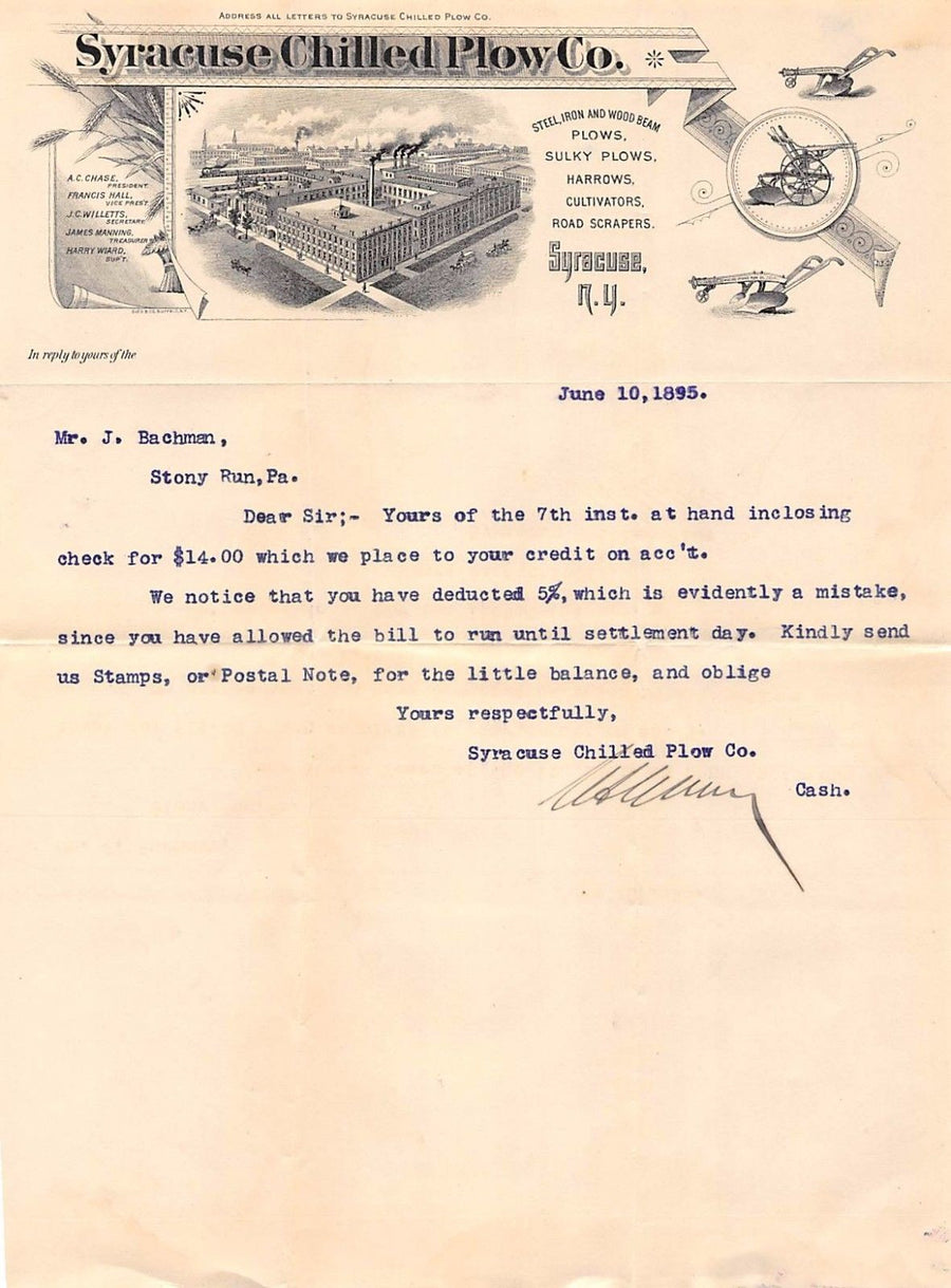 SYRACUSE CHILLED PLOW SYRACUSE NY FARM TOOLS ANTIQUE ADVERTISING LETTERHEAD 1895 - K-townConsignments