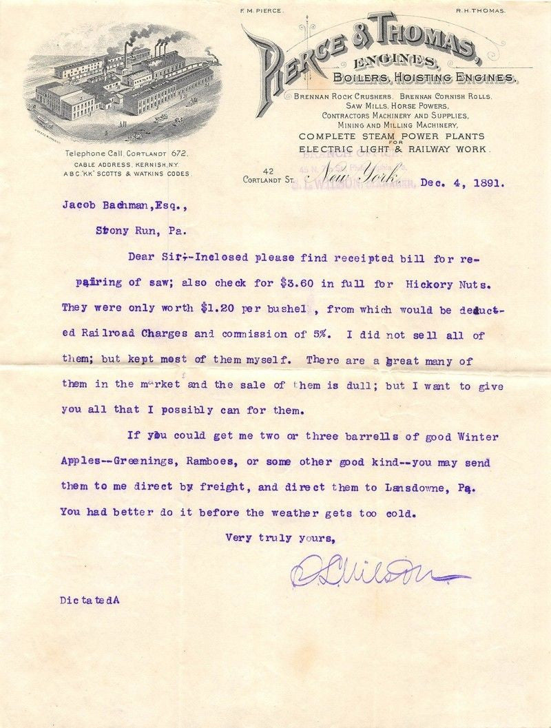 PIERCE THOMAS RAILWAY BOILER ENGINES NEW YORK ANTIQUE ADVERTISING LETTER 1891 - K-townConsignments