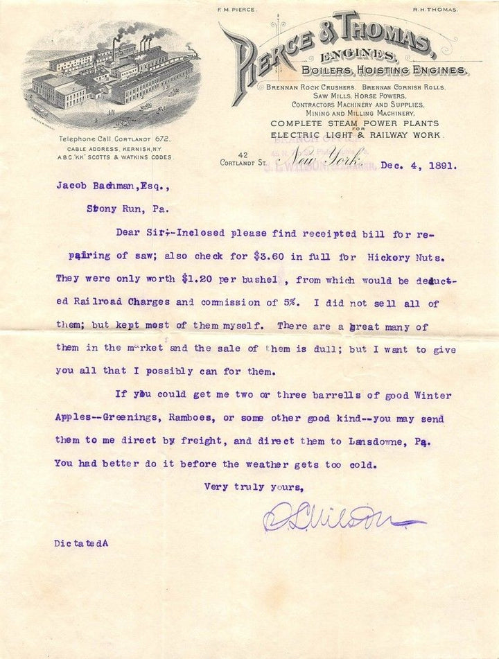 PIERCE THOMAS RAILWAY BOILER ENGINES NEW YORK ANTIQUE ADVERTISING LETTER 1891 - K-townConsignments