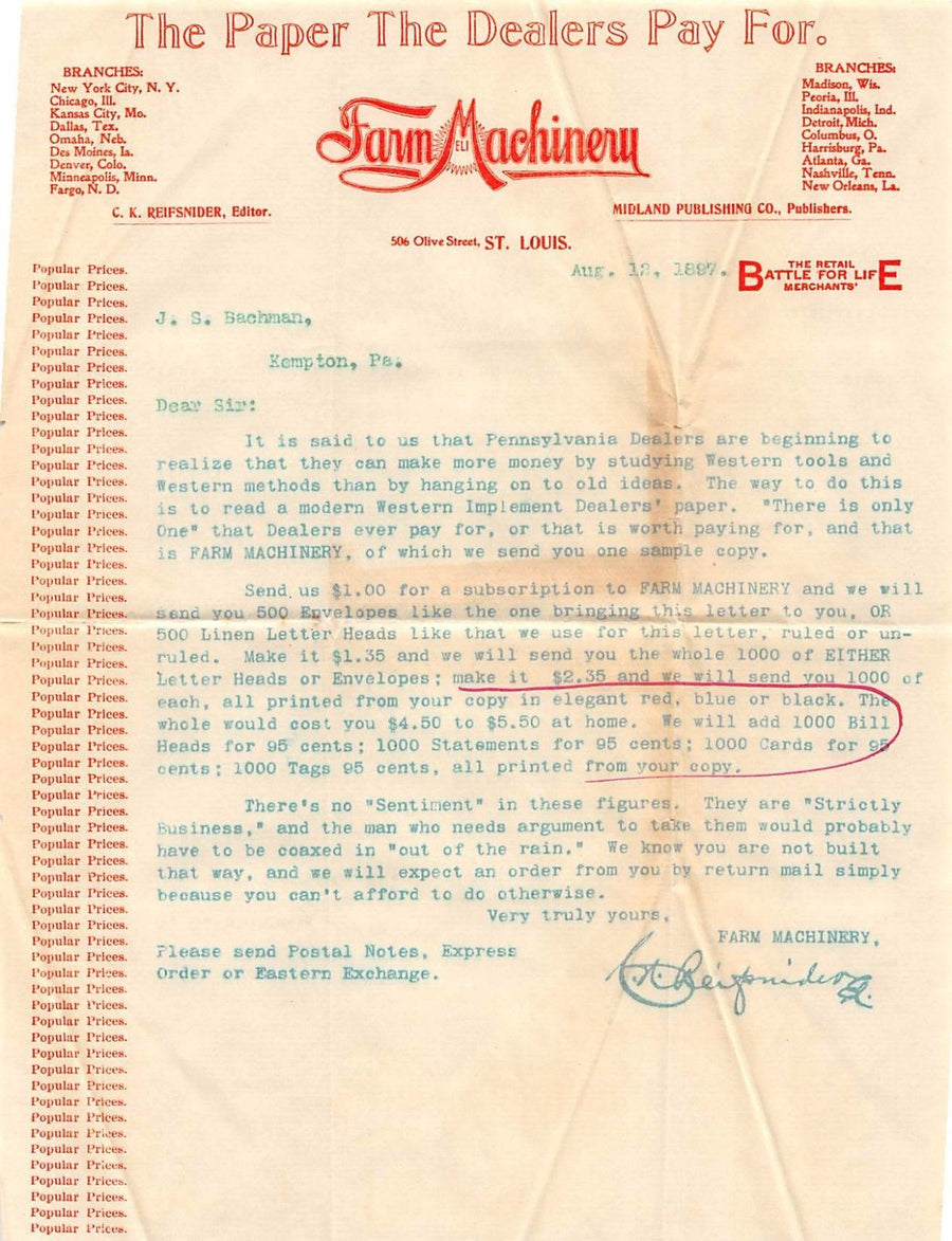 FARM MACHINERY MAGAZINE ST LOUIS ANTIQUE GRAPHIC ADVERTISING SALESMENS LETTER - K-townConsignments