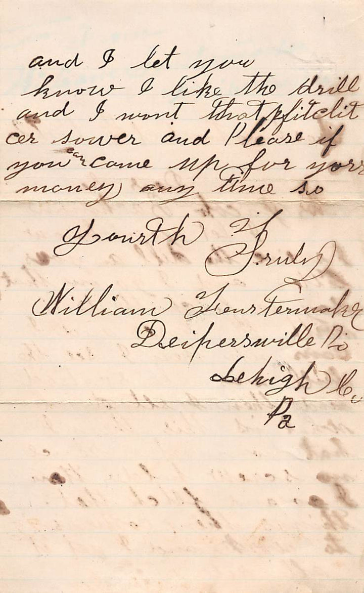 WILLIAM FESTERMACHER DEIBERTSVILLE PA ANTIQUE AUTOGRAPH SIGNED LETTER & POSTAGE - K-townConsignments