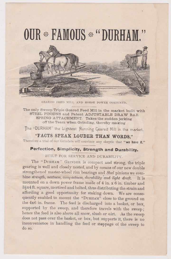 DURHAM HORSE POWERED GEARED MILL ANTIQUE GRAPHIC ADVERTISING MAILER FREEPORT IL - K-townConsignments