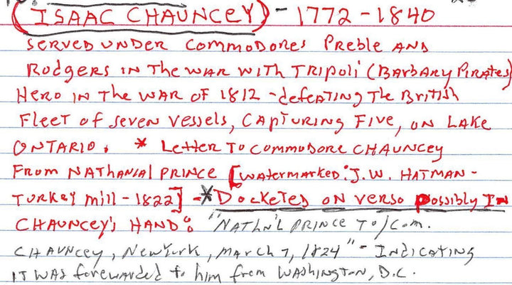 NATHANIEL PRINCE SIGNED LETTER TO WAR OF 1812 COMMODORE ISAAC CHAUNCEY 1824 - K-townConsignments