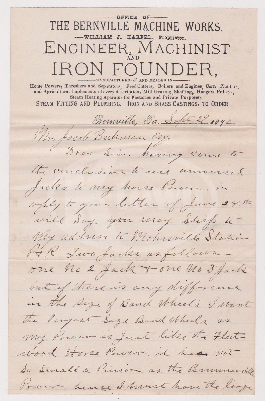 BERNVILLE MACHINE WORKS IRON FOUNDRY PENNSYLVANIA ANTIQUE ADVERTISING LETTERHEAD - K-townConsignments