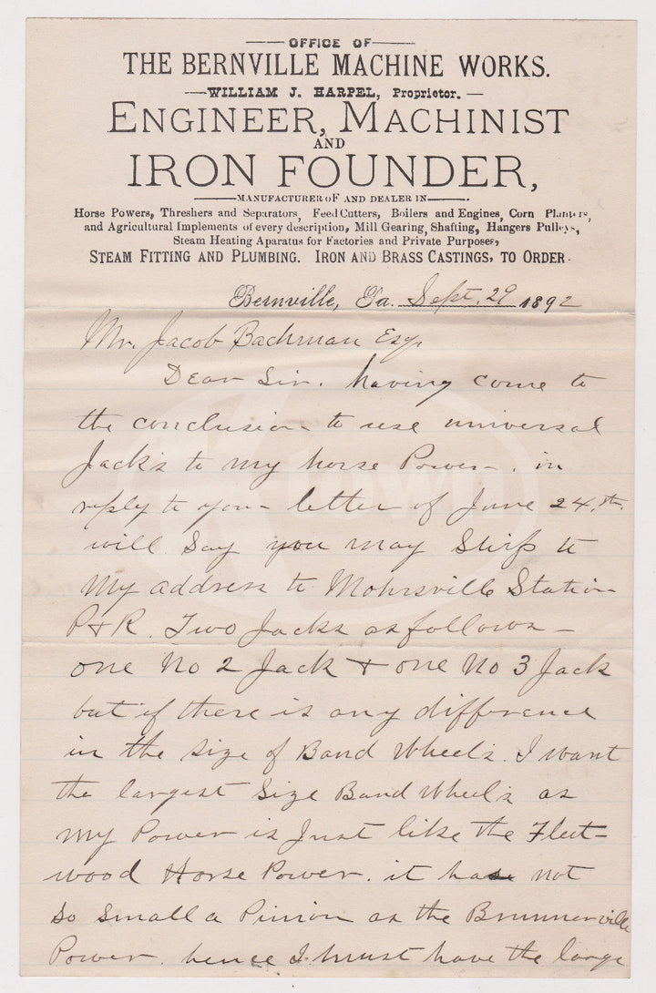 BERNVILLE MACHINE WORKS IRON FOUNDRY PENNSYLVANIA ANTIQUE ADVERTISING LETTERHEAD - K-townConsignments