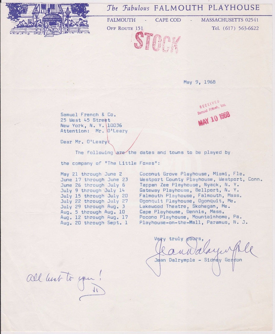 JEAN DALRYMPLE FALMOUTH PLAYHOUS PROPRIETOR Y PLAYWRIGHT AUTOGRAPH SIGNED LETTER - K-townConsignments