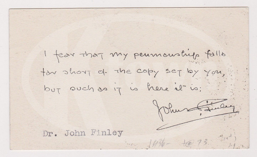 JOHN FINLEY CITY COLLEGE NEW YORK PRESIDENT NY TIMES EDITOR AUTOGRAPH SIGNATURE - K-townConsignments