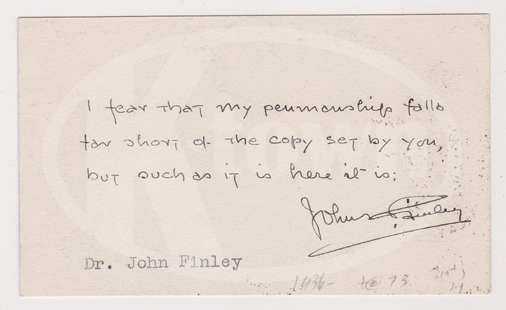 JOHN FINLEY CITY COLLEGE NEW YORK PRESIDENT NY TIMES EDITOR AUTOGRAPH SIGNATURE - K-townConsignments