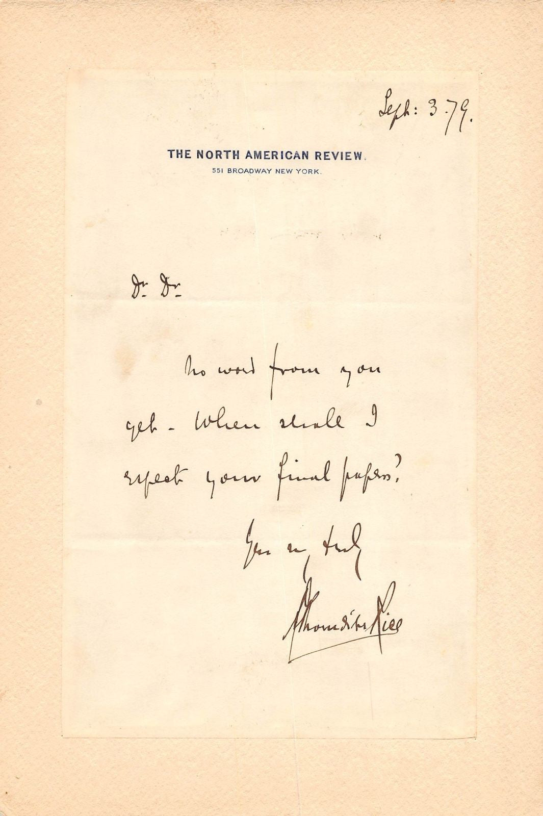 ALLEN THORNDIKE RICE NORTH AMERICAN REVIEW PUBLISHER AUTOGRAPH SIGNED LETTER - K-townConsignments
