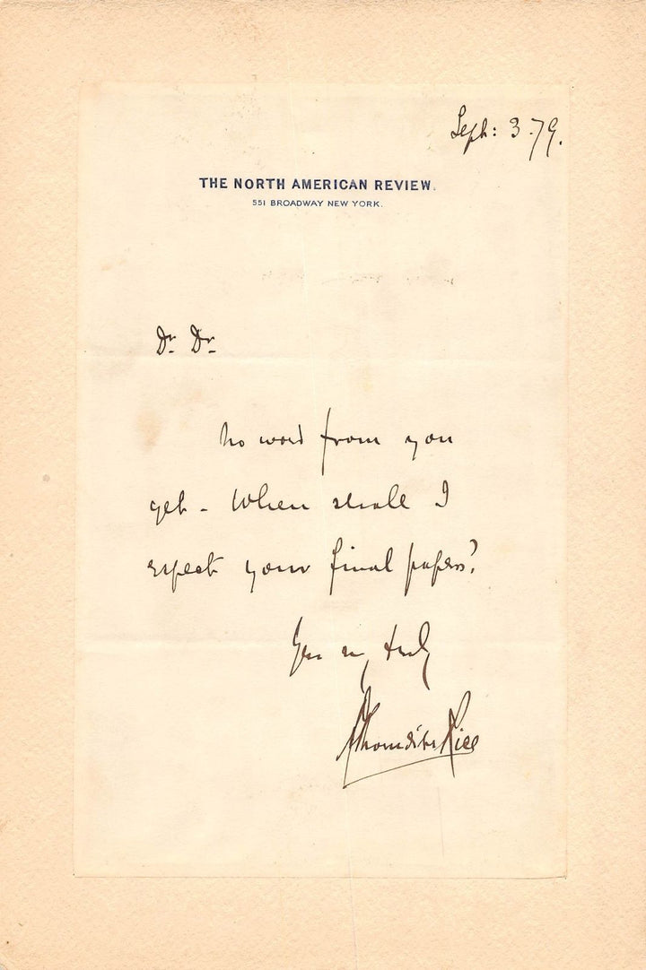 ALLEN THORNDIKE RICE NORTH AMERICAN REVIEW PUBLISHER AUTOGRAPH SIGNED LETTER - K-townConsignments