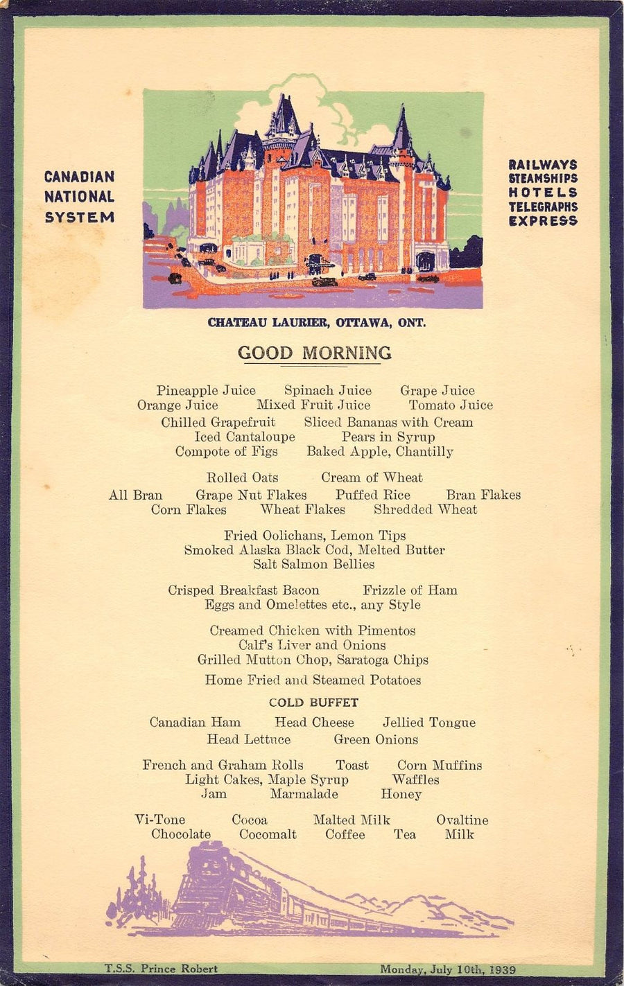 CANADIAN NATIONAL RAILWAY PRINCE ROBERT STEAMSHIP ANTIQUE OTTAWA BREAKFAST MENU - K-townConsignments