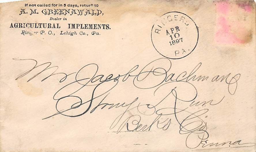 AARON GREENAWALD FARM TOOLS RINGER LEHIGH PA ANTIQUE AUTOGRAPH SIGNED LETTER - K-townConsignments