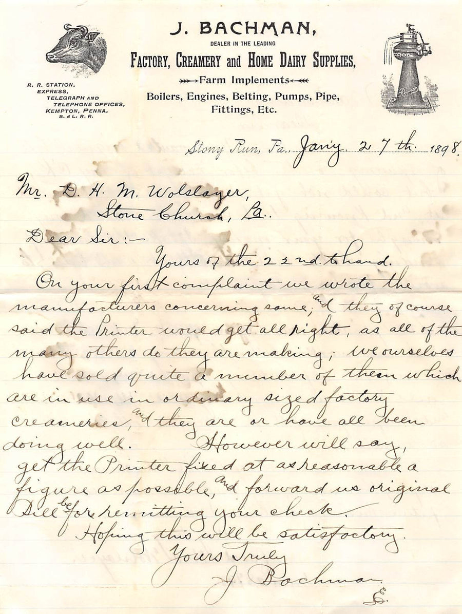 JACOB BACHMAN DAIRY FARM TOOLS STONY RUN PA ANTIQUE AUTOGRAPH SIGNED LETTER 1898 - K-townConsignments
