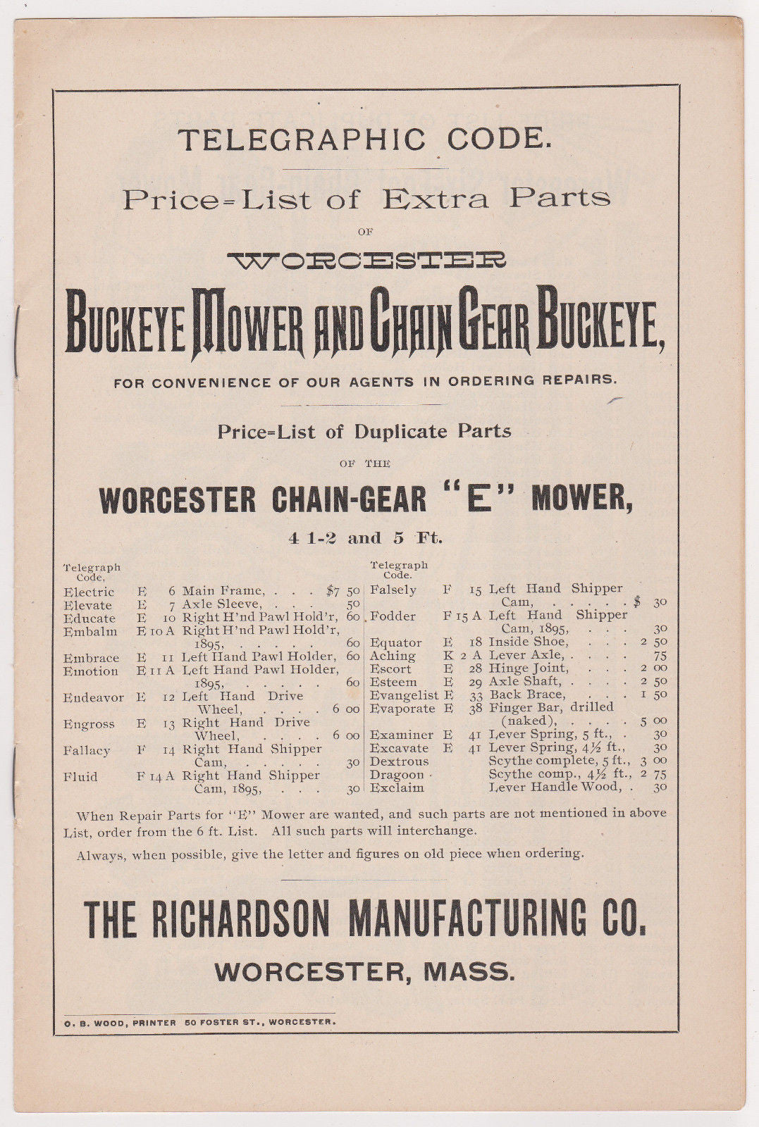 BUCKEYE MOWER & CHAIN GEAR ANTIQUE RICHARDSON WORCESTER MA FARM TOOL PRICE LIST - K-townConsignments