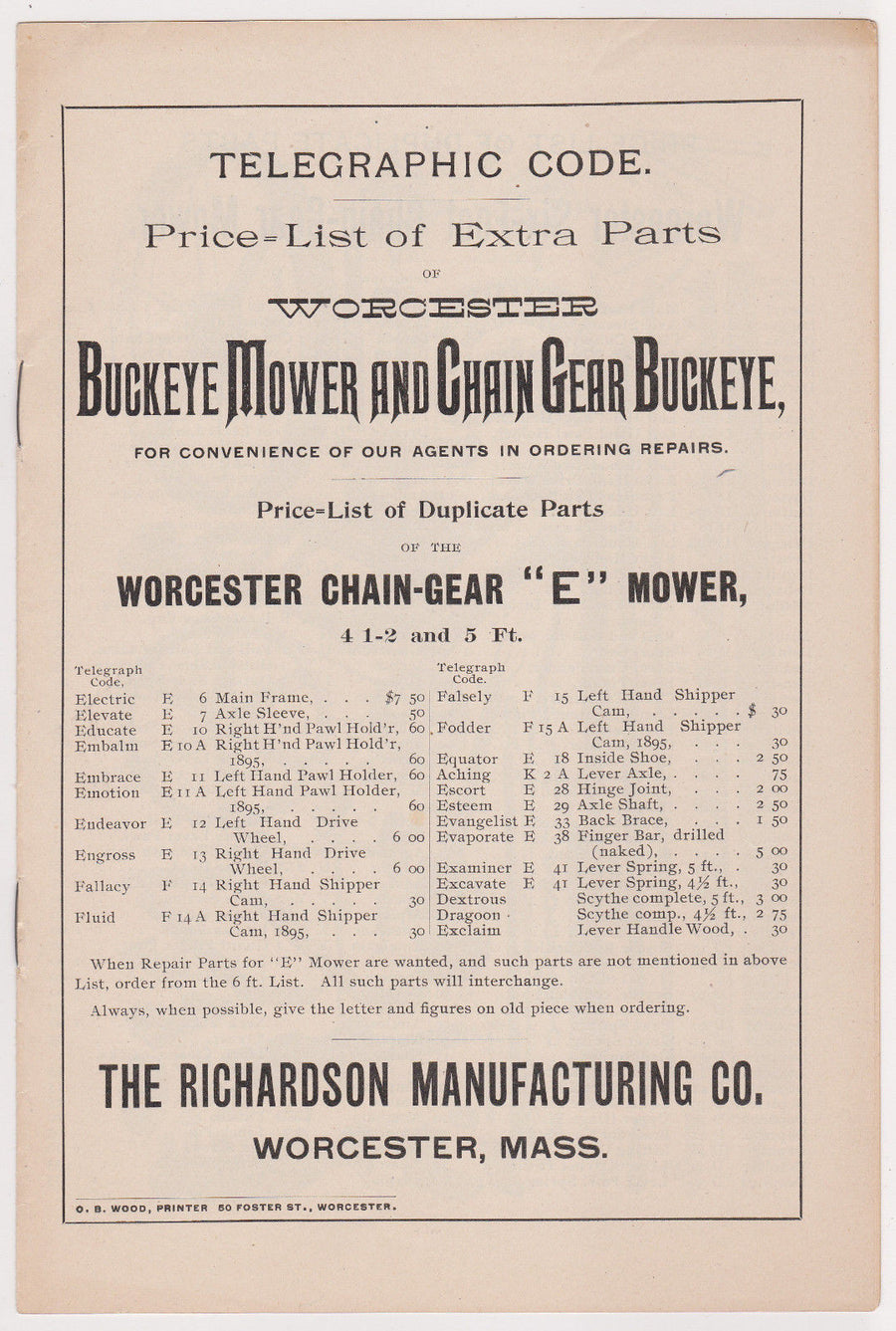 BUCKEYE MOWER & CHAIN GEAR ANTIQUE RICHARDSON WORCESTER MA FARM TOOL PRICE LIST - K-townConsignments