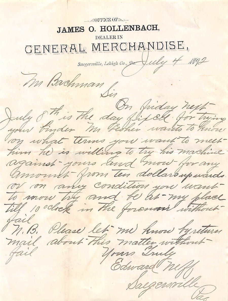JAMES HOLLENBACH GENERAL STORE SAEGERSVILLE PA ANTIQUE ADVERTISING LETTERHEAD - K-townConsignments
