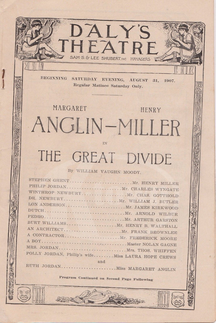 THE GREAT DIVIDE MARGARET ANGLIN PLAY ANTIQUE GRAPHIC AD DALY'S THEATRE PLAYBILL - K-townConsignments
