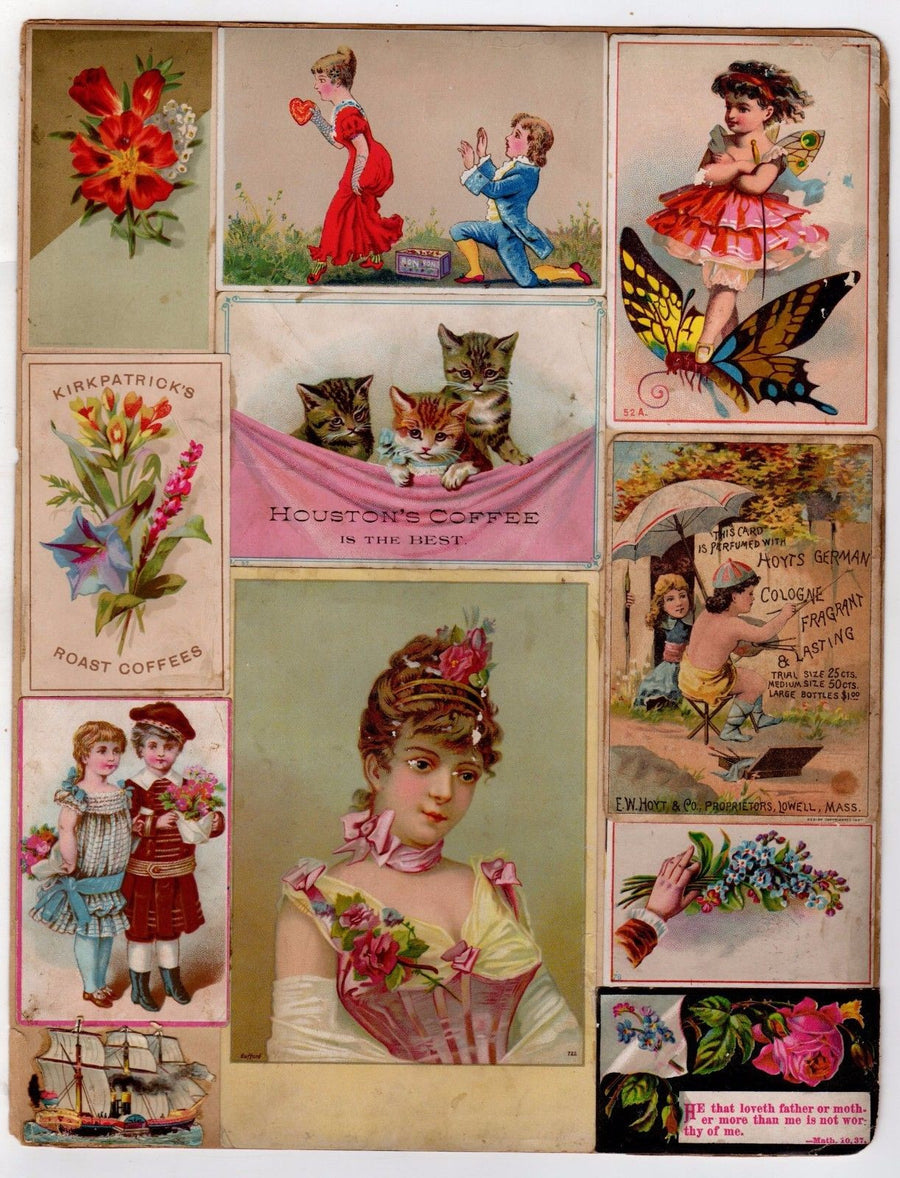 HOUSTON COFFEE KITTY CATS CUTE GIRLS ANTIQUE GRAPHIC ADVERTISING TRADE CARDS LOT - K-townConsignments