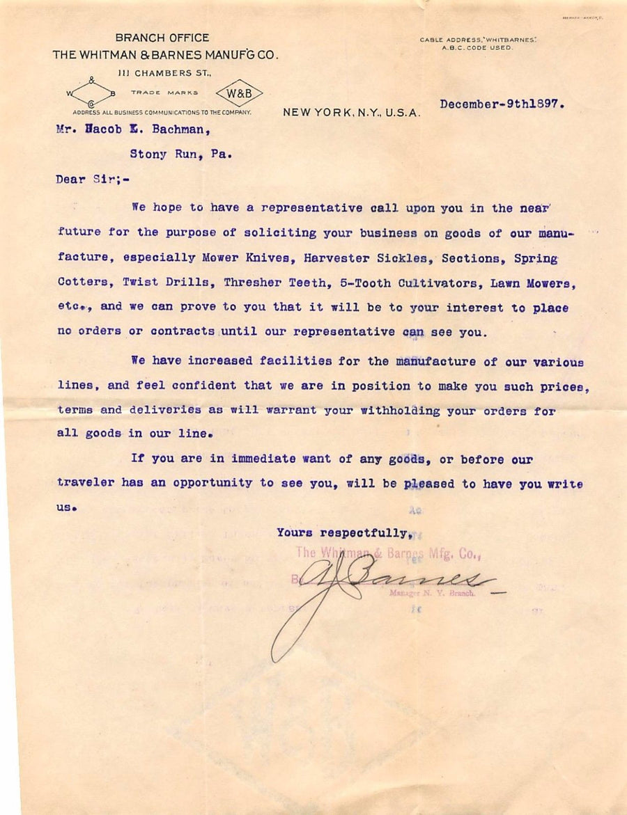 WHITMAN & BARNS MANUFACTURING NEW YORK CITY ANTIQUE AUTOGRAPH SIGNED LETTER 1897 - K-townConsignments