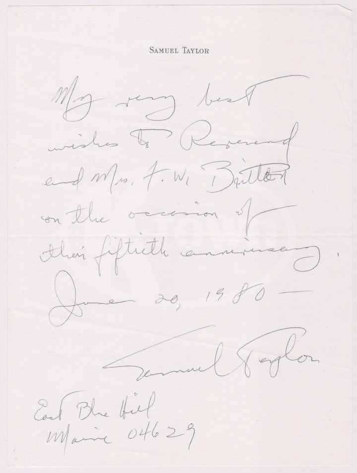 SAMUEL TAYLOR VERTIGO HITCHCOCK MOVIE WRITER VINTAGE AUTOGRAPH SIGNED LETTERHEAD - K-townConsignments