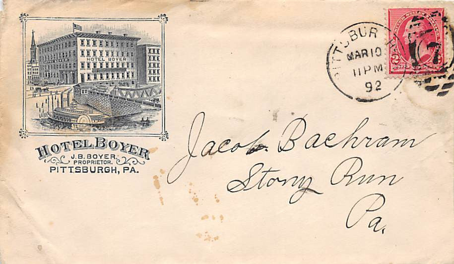 HOTEL BOYER PITTSBURGH PA ANTIQUE GRAPHIC ADVERTISING STAMPED POSTAL COVER 1892 - K-townConsignments