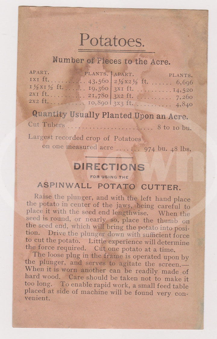 ASPINWALL POTATO CUTTER THREE RIVERS MICHIGAN ANTIQUE FARM TOOL ADVERTISING 1893 - K-townConsignments