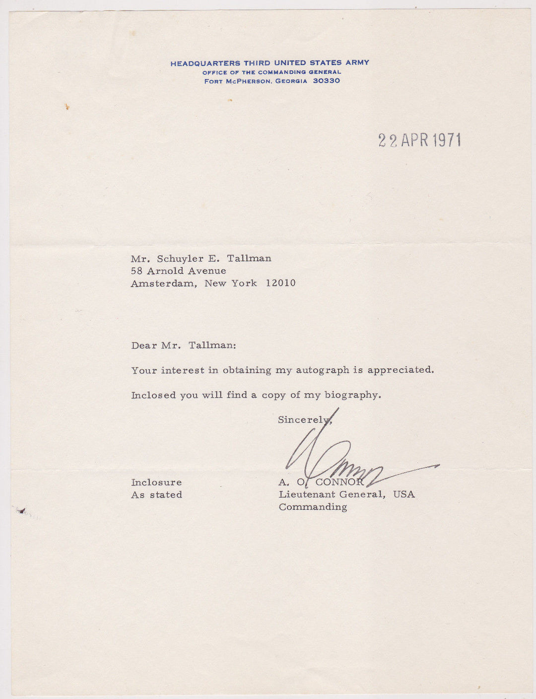 ALBERT O'CONNOR US MILITARY GENERAL ORIGINAL AUTOGRAPH SIGNED LETTERHEAD 1971 - K-townConsignments
