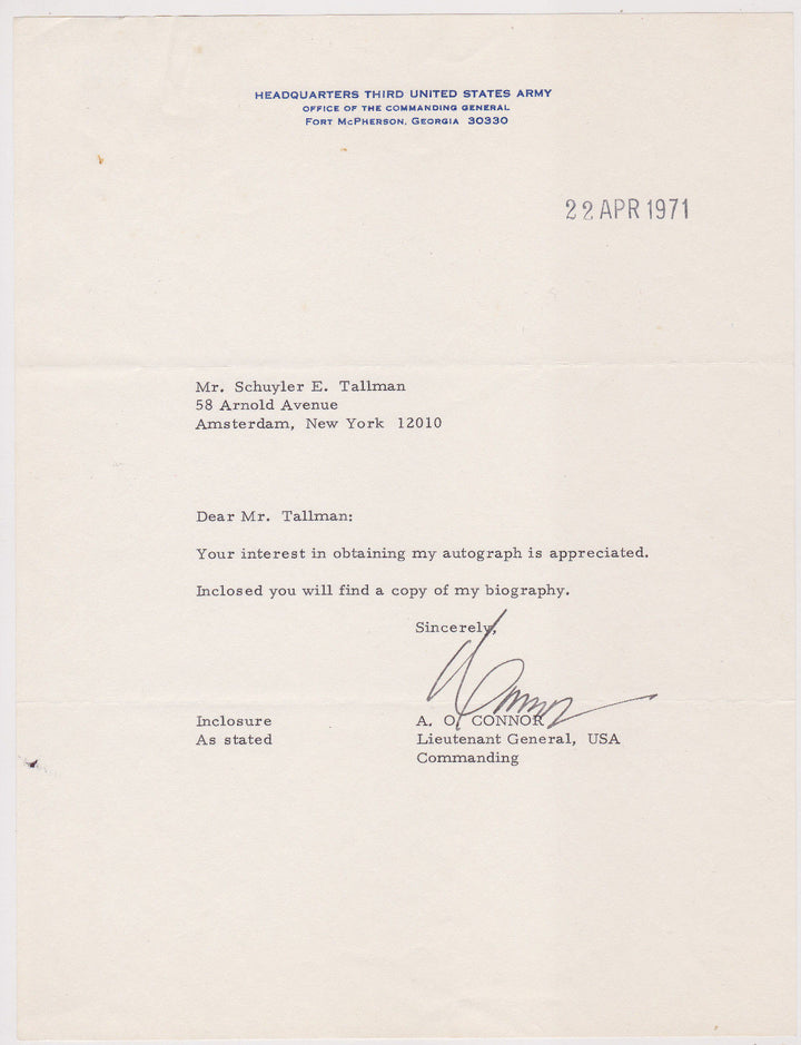 ALBERT O'CONNOR US MILITARY GENERAL ORIGINAL AUTOGRAPH SIGNED LETTERHEAD 1971 - K-townConsignments